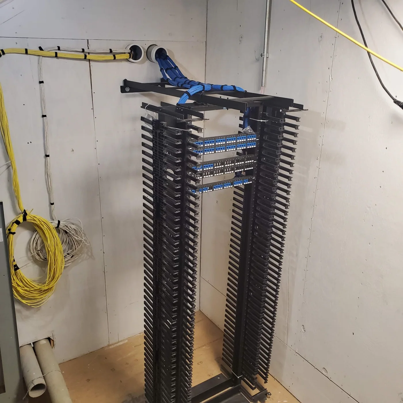 Network rack with blue structured cabling and patch panels
